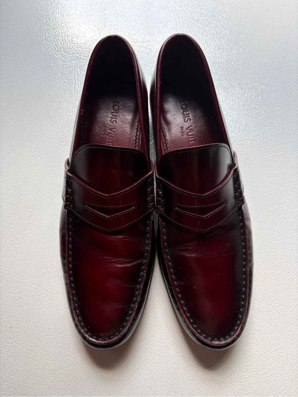 Louis Vuitton Menâs Burgundy Leather Penny Loafers